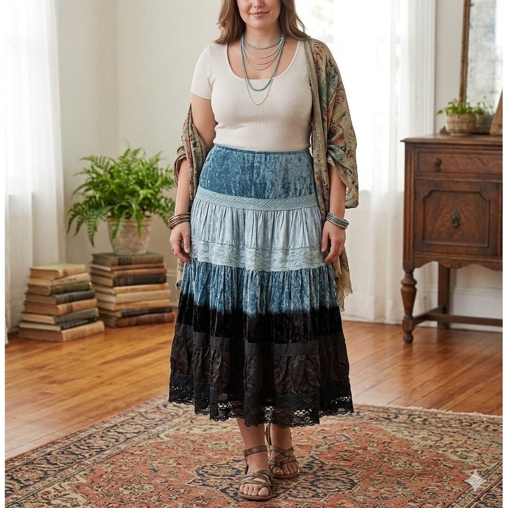 Velvet Satin Lace Tiered Maxi Skirt XL Whimsigoth Prairie Boho Hippie Floral